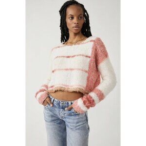 *Free People Sweater Womens Size XL Pullover Knit Crop Striped Pink Fuzzy Boho